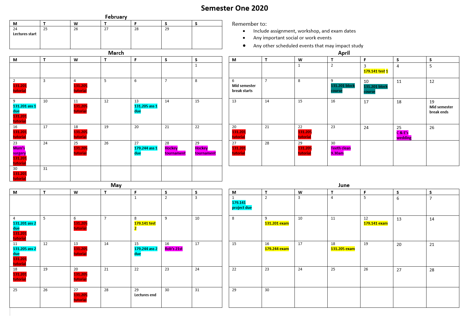 Example of a weekly plan
