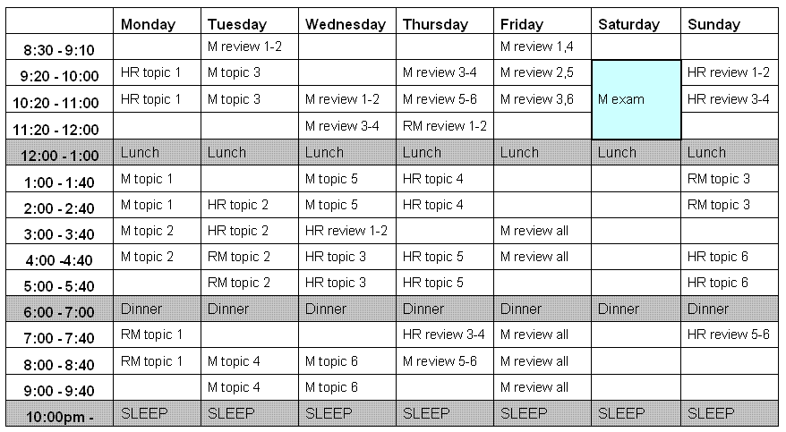 Example of an exam study timetable